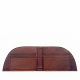 The Factory Second PREVIOUSLY EMBOSSED Made in Maine Front Pocket Wallet in Brown by Rogue Industries is a slim, semi-circular brown leather wallet with multiple card slots. It features an embossed "Rogue Wallet" logo and includes RFID-blocking technology to protect your valuable information.