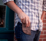 A man holding a RFID-blocking Rogue Industries American Bison Leather Front Pocket Wallet in his front pocket.