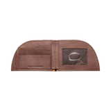 The Factory Second PREVIOUSLY EMBOSSED Made in Maine Front Pocket Wallet in brown by Rogue Industries opens to reveal three card slots on the left and a transparent ID window on the right, with intricate stitching detail visible. This slim wallet also features RFID-blocking technology for added security.
