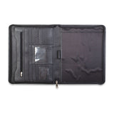 A black Rogue Industries leather portfolio with a zippered compartment and business card pockets.